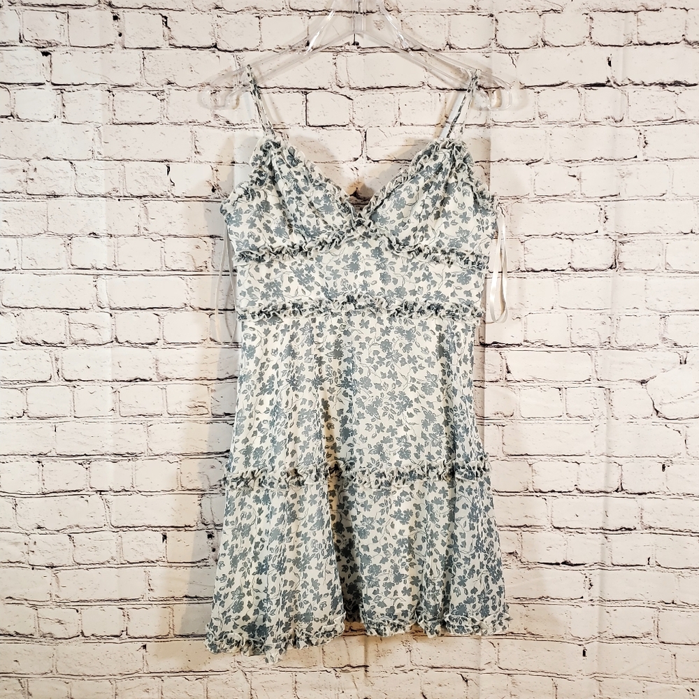 B Smart Blue & White Floral Sundress Size 7 Layered Ruffle Sweetheart Neck